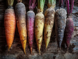 Close-up of freshly harvested root vegetables (carrots, beets, parsnips) dusted with soil and light frost