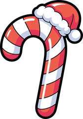 Cartoon candy cane with santa hat for festive season vector illustration design