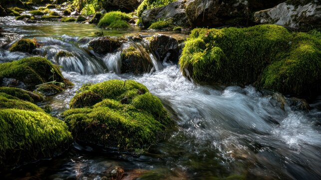 Close-up of crystal-clear meltwater flowing rapidly over moss-covered stones in a sunny forest