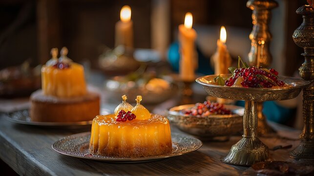 Indulge in exquisite dessert artistry with glowing candles setting a decadent, celebratory mood perfect for special occasions and luxurious dining.