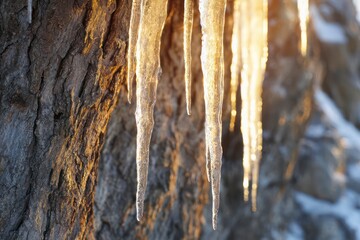  Close-up of large, perfectly formed icicles hanging from the rough, textured bark of a tree, catching the golden afternoon sun