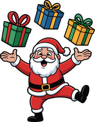 Cartoon santa claus dancing with gift boxes in air christmas character