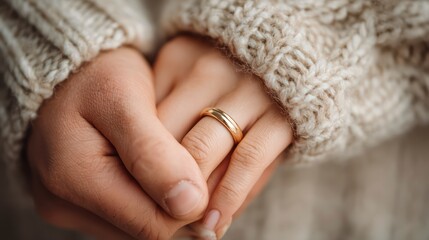 Obraz premium Close-up of two hands, one male and one female, gently interlocked, both wearing simple gold wedding bands, against a blurred, cozy background