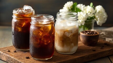 Cool refreshing iced coffee drinks with creamy latte swirl and coffee beans on rustic wooden board, perfect for summer refreshment