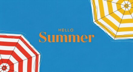 Hello summer text with red and yellow beach umbrellas on a vibrant blue background, evoking a sense of vacation and warm weather