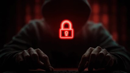 Mysterious figure in dark hoodie typing on keyboard, illuminated by glowing red padlock symbol, showcasing digital security theme with intense atmosphere and suspenseful action flow