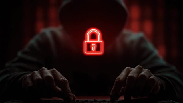 Mysterious figure in dark hoodie typing on keyboard, illuminated by glowing red padlock symbol, showcasing digital security theme with intense atmosphere and suspenseful action flow