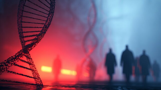 Mysterious figures emerge from glowing DNA helix, hinting at scientific discovery and human evolution in a futuristic world.