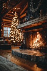 Naklejka premium Cozy wooden cabin living room with roaring stone fireplace and bokeh-lit Christmas tree in warm glow. Rustic holiday hearth comfort, inviting festive winter sanctuary vibe.