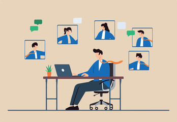 Flat illustration of recruiter conducting virtual interviews for remote job candidates