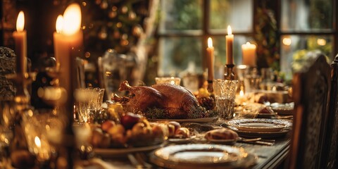 Golden roasted turkey with herb garnish and grapes on platter amid candles on festive table. Traditional Christmas dinner centerpiece, warm holiday feast abundance vibe.