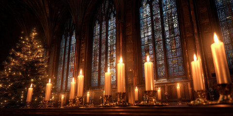 Fototapeta premium Lit candles inside a decorated church with stained glass windows and Christmas trees glowing in the background. Peaceful moment filled with warmth, light, and sacred stillness.