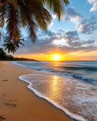 Tranquil Beach Scene at Sunrise with Palm Trees and Gentle Waves in Paradise