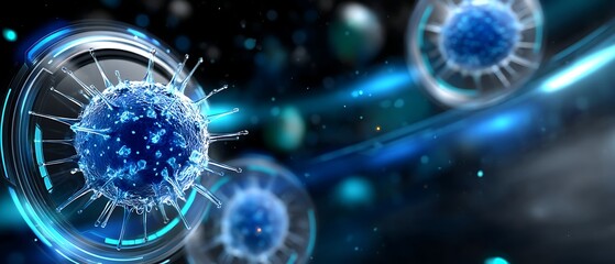 Abstract representation of viruses with glowing lights and blue color scheme