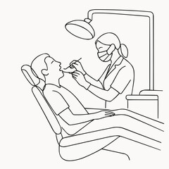 Line art of dentist examining patient's teeth in dental office  