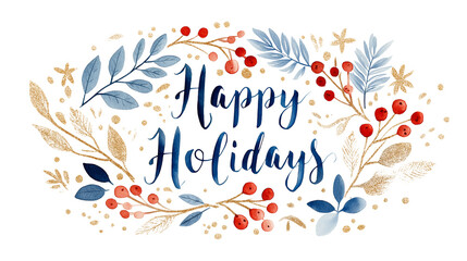 Happy holidays Christmas Hanukah card  with gold red and  blue sprigs. 