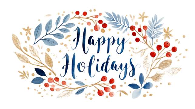 Happy holidays Christmas Hanukah card  with gold red and  blue sprigs. 