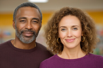 Smiling african american man and woman with curly hair, standing together in a bright environment, showcasing friendship and connection
