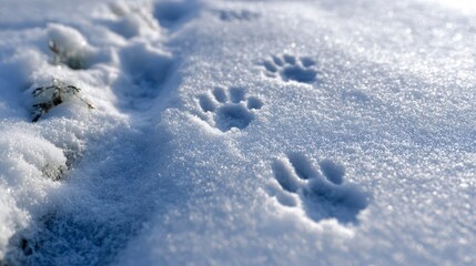  Macro close-up of small, delicate animal paw prints (rabbit or fox) perfectly imprinted in a patch of fresh, crystalline snow