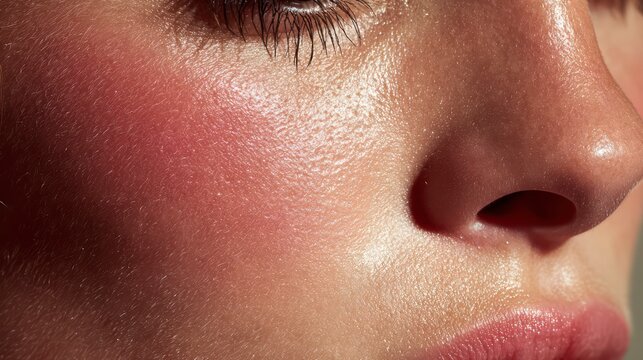  Macro shot of a dewy, glowing cheekbone and a subtle sweep of pink blush, with soft spring light highlighting the skin