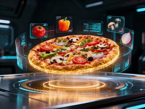 Future of food digital pizza innovation with holographic data - Powered by Adobe