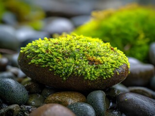  Macro shot of a single, smooth river stone entirely covered in vibrant, lush green spring moss, glistening with tiny water droplets