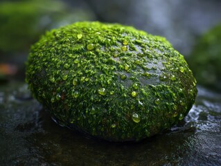  Macro shot of a single, smooth river stone entirely covered in vibrant, lush green spring moss, glistening with tiny water droplets