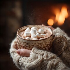 Macro shot of a steaming mug of hot cocoa with melting marshmallows, held by hands wearing a chunky knit wool sweater