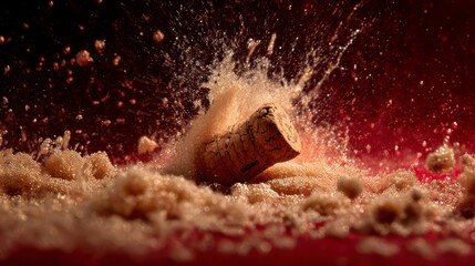 Macro shot of champagne cork popping, with the foam. New Year's Eve, celebration