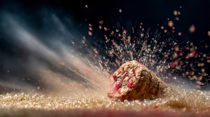 Macro shot of champagne cork popping, with the foam. New Year's Eve, celebration