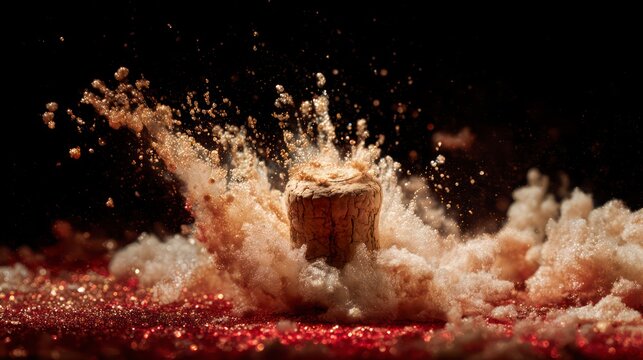 Macro shot of champagne cork popping, with the foam. New Year's Eve, celebration