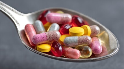  Macro shot of colorful vitamin and supplement capsules neatly arranged in a silver spoon, with a fresh glass of water nearby