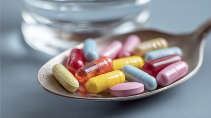  Macro shot of colorful vitamin and supplement capsules neatly arranged in a silver spoon, with a fresh glass of water nearby