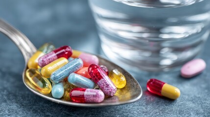  Macro shot of colorful vitamin and supplement capsules neatly arranged in a silver spoon, with a fresh glass of water nearby