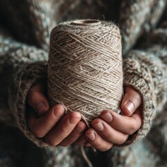  Macro shot of delicate hands gently holding a spool of soft, undyed wool yarn, focusing on the texture of the yarn and skin