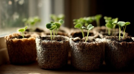  Macro shot of small green seedlings sprouting from peat pots, carefully arranged in a row near a bright window