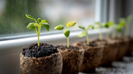  Macro shot of small green seedlings sprouting from peat pots, carefully arranged in a row near a bright window