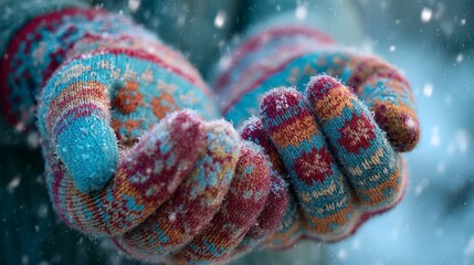 Macro shot of two hands in brightly colored, patterned wool mittens catching gentle snowflakes