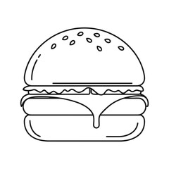Black and white line drawing of a double cheeseburger with sesame seeds hamburger fast food
