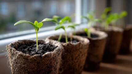  Macro shot of small green seedlings sprouting from peat pots, carefully arranged in a row near a bright window