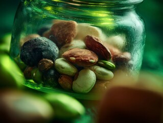  Macro shot of various seeds (grains, legumes) resting securely in a protective, clear glass jar, with a soft green glow from beneath