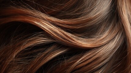  Macro shot on the texture of long, healthy, flowing brown hair, shining brightly, with fingers gently running through it