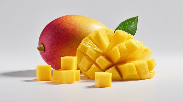 Juicy ripe mango segments and whole fruit showcasing vibrant yellow flesh, perfect for healthy eating and tropical recipes