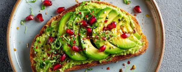  Overhead close-up of a vibrant green avocado toast topped with colorful seeds and chili flakes, styled on a simple ceramic plate