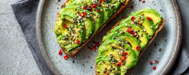  Overhead close-up of a vibrant green avocado toast topped with colorful seeds and chili flakes, styled on a simple ceramic plate