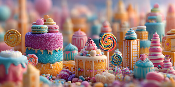 Fantasy candy land with colorful made of candy, lollipops, cake, chocolate and sweets, bright colors
