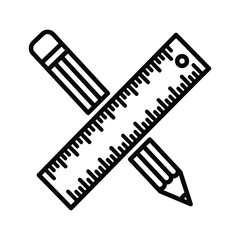 Black outline drawing of pencil and ruler crossed on white background sketch drafting