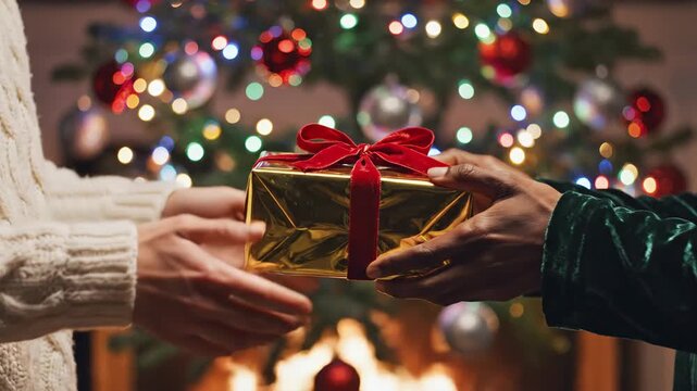 Joyful Christmas scene shows person giving neatly wrapped gift to loved one, glowing tree with twinkling lights and red baubles enhances atmosphere of generosity and togetherness.
