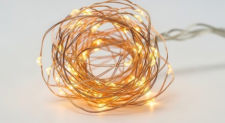 A close-up shot of a tangled string of warm white LED fairy lights coiled into a nest shape.