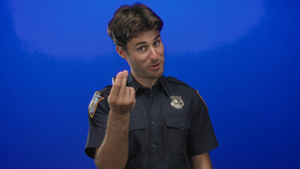 Police officer man beckoning with fingers and showing hands in blue studio; playful invitation confidence.